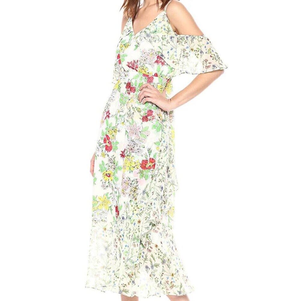 Nanette Lepore Floral Cold Shoulder Midi Dress Size 10 Faux Wrap